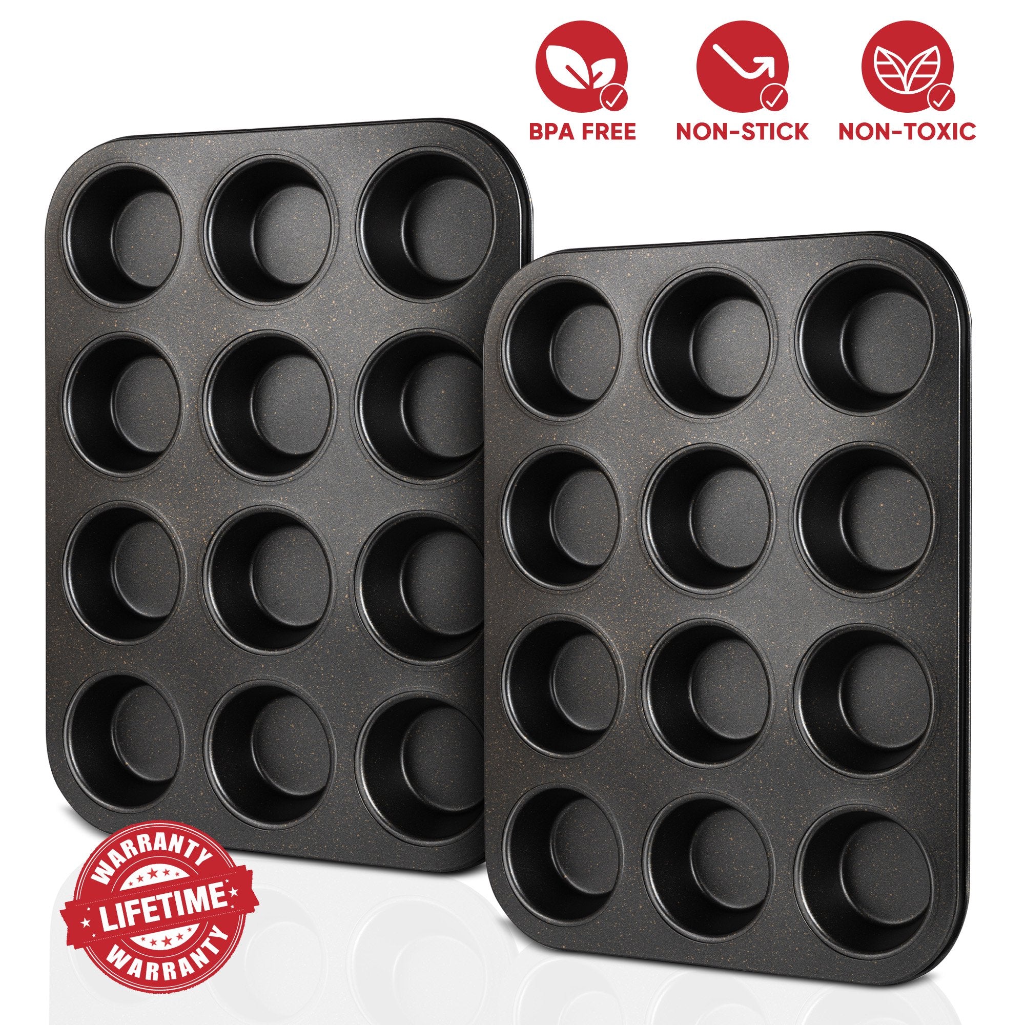 2 Pack 12 Cups Muffin Cupcake Baking Pan, Carbon Steel, BPA Free, Dishwasher Safe, Mini Muffin Cakes, Tart, Bread - Black