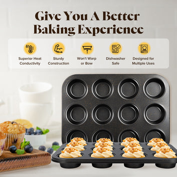 2 Pack 12 Cups Muffin Cupcake Baking Pan, Carbon Steel, BPA Free, Dishwasher Safe, Mini Muffin Cakes, Tart, Bread - Black