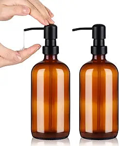 Amber Glass Soap Dispenser Set – 2-Pack 16 Oz for Bathroom & Kitchen, Modern Vintage Design