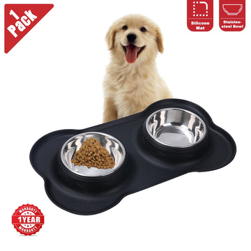 Double Dog and Cat Bowls with Anti-Overflow & Anti-Skid Food Mat – Ideal for Small Pets