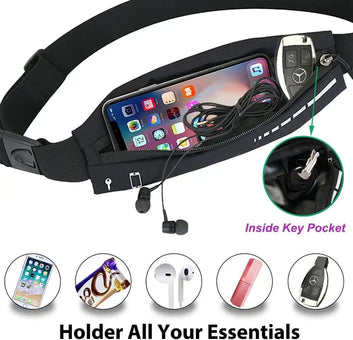 Gimlos Adjustable Running Belt with Pouch for Phone and Money - Ideal for Workouts and Outdoor - Black