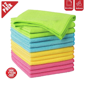 Reusable Microfiber Cleaning Cloth for Kitchen, Household Rag & Car Cleaning, 12 Pack, 12" x 12"